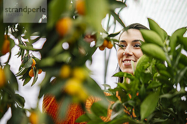 Lächelnde junge Frau berührt Früchte im Gartencenter