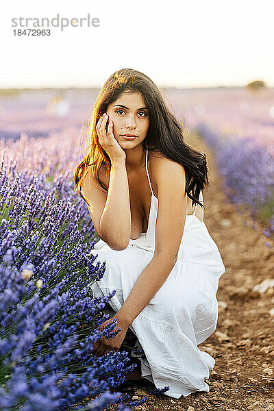 Schöne Frau kauert neben Lavendelpflanzen im Feld