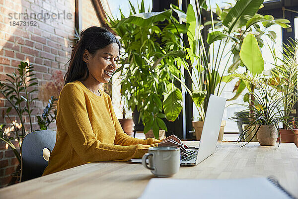 Lächelnde Geschäftsfrau surft mit Laptop im Loft-Büro im Internet