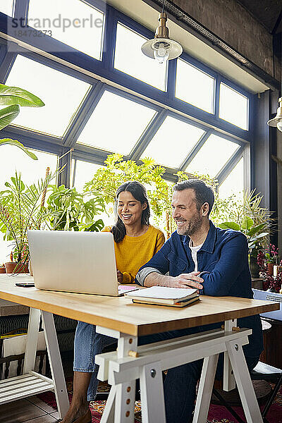 Lächelnde Geschäftskollegen teilen sich Laptop und arbeiten im Loft-Büro