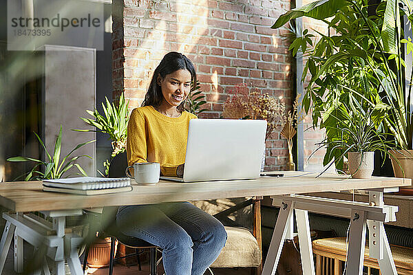 Geschäftsfrau benutzt Laptop am Schreibtisch inmitten von Pflanzen im Loft-Büro