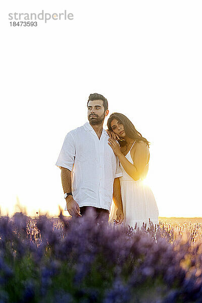 Von hinten beleuchteter Mann und Frau stehen im Lavendelfeld