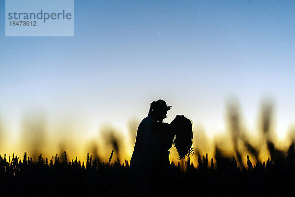 Silhouette romantic couple in field