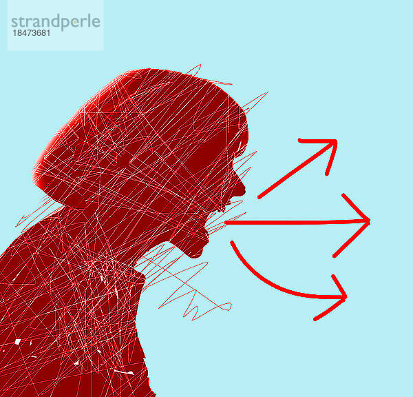 Illustration von roten Pfeilen  die aus dem Mund einer schreienden Frau kommen