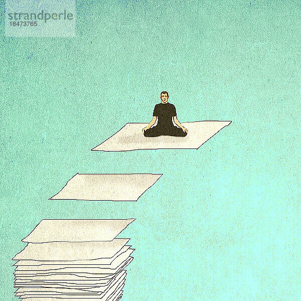 Mann meditiert auf schwebendem Blatt Papier