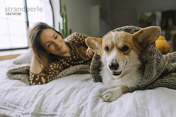 Hund mit Decke sitzt zu Hause bei Frau im Bett