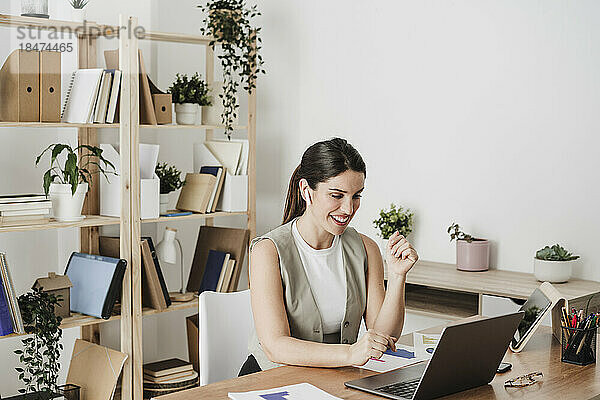 Glückliche Geschäftsfrau  die Laptop im Büro benutzt