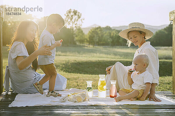 Frauen verbringen gemeinsame Zeit mit ihren Söhnen beim Picknick