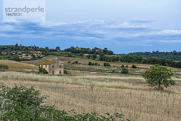 Italien  Latium  Einsames ländliches Haus  umgeben von einer Wiese in der Abenddämmerung
