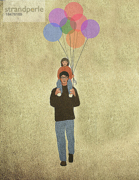 Illustration of father piggybacking daughter holding bunch of balloons