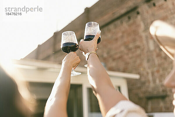 Freunde jubeln an einem sonnigen Tag mit Weingläsern
