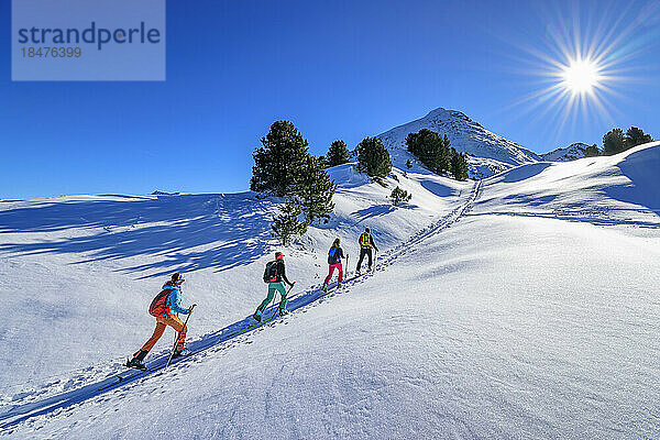 Österreich  Tirol  Gruppe von Skifahrern  die hintereinander über den Großen Galtenberg fahren