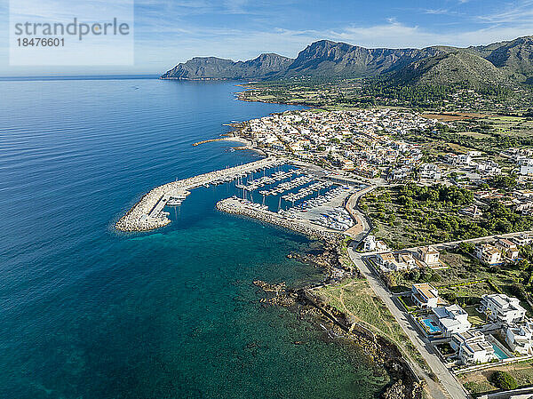 Spain  Balearic Islands  Colonia de Sant Pere  Aerial view of coastal town at northeast coast of Majorca