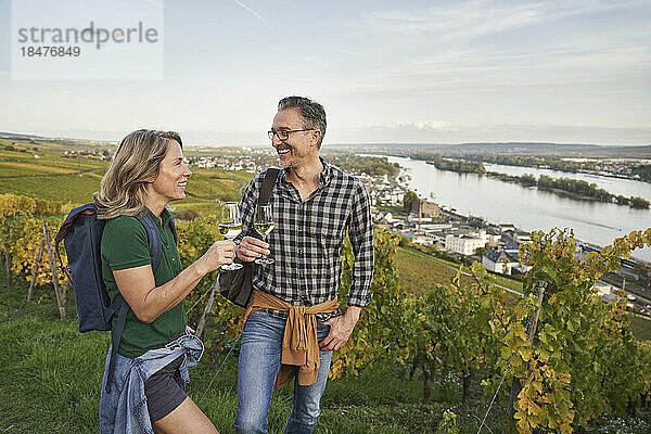 Glückliches älteres Paar  das Wein auf einem Hügel genießt