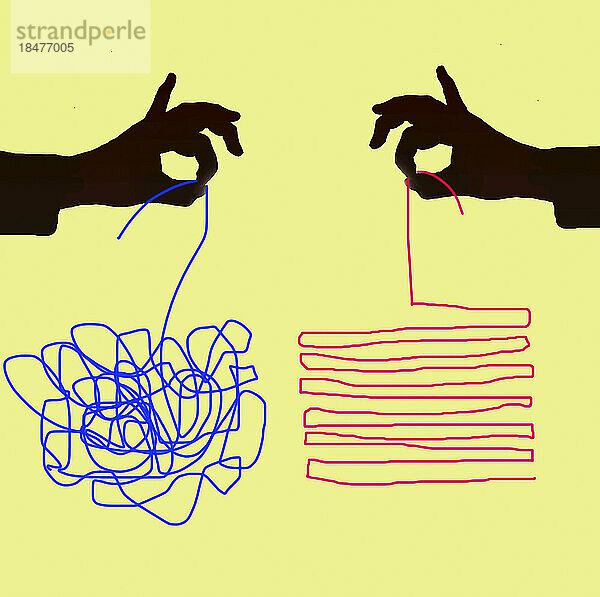 Illustration of blue tangled string and red orderly string held by two different hands