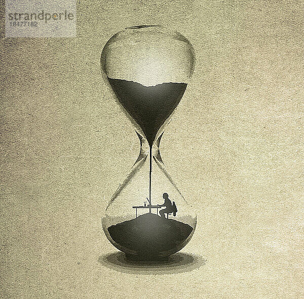 Illustration of person working inside hourglass symbolizing approaching deadline
