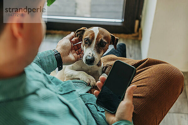 Mann hält Smartphone in der Hand und streichelt Hund zu Hause
