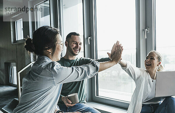 Glückliche Geschäftskollegen  die sich im Büro gegenseitig High-Five geben