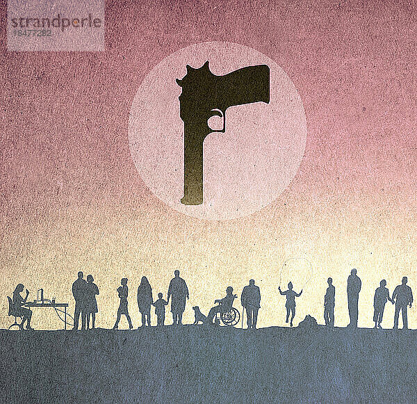 Illustration von Menschen  die unter einer Handfeuerwaffe leben  was den Mangel an Waffenkontrolle symbolisiert