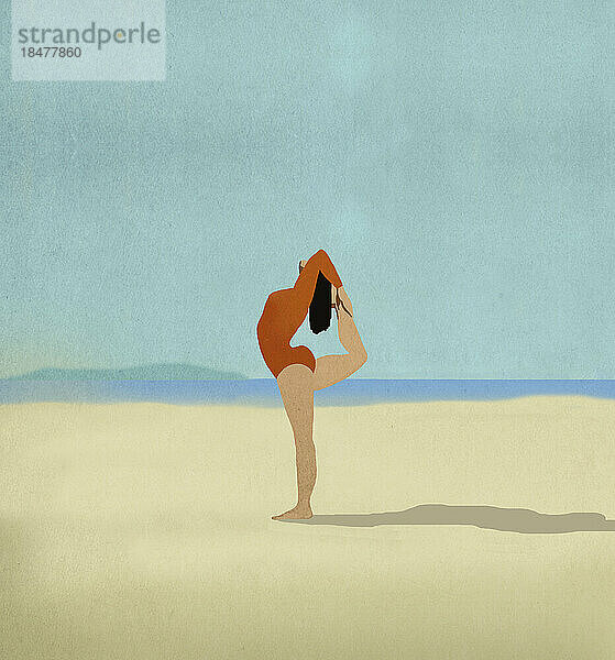 Illustration of young woman practicing yoga on sandy beach