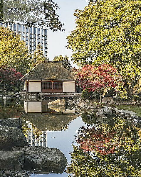 Deutschland  Hamburg  Teich und japanisches Teehaus im Park Planten un Blomen