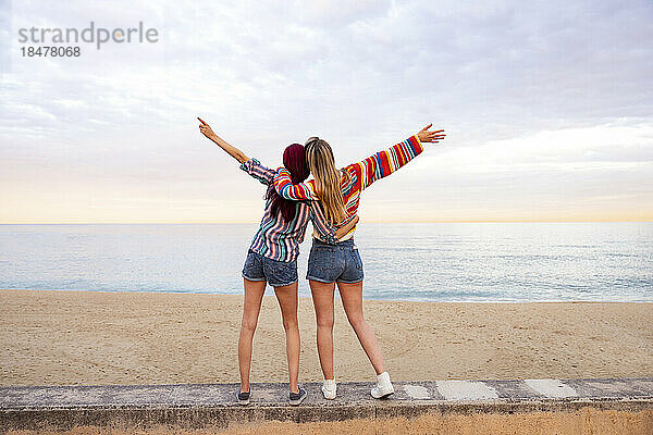 Freunde stehen mit Armen an der Wand am Strand