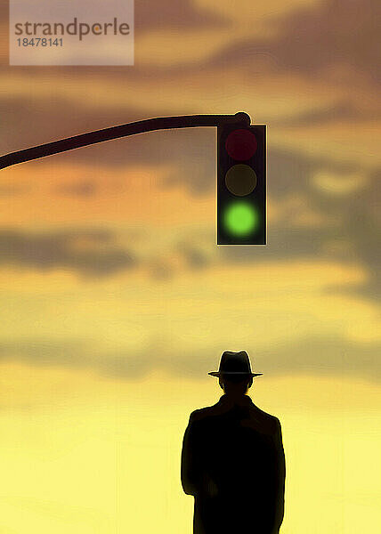Silhouette of man standing under stoplight showing green light