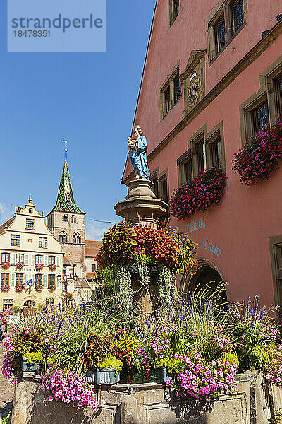 Frankreich  Grand Est  Turckheim  Figur der Jungfrau Maria auf einem mit blühenden Blumen bedeckten Brunnen