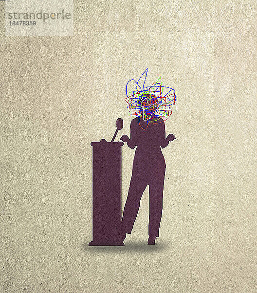 Illustration of tangled lines covering head of female speaker