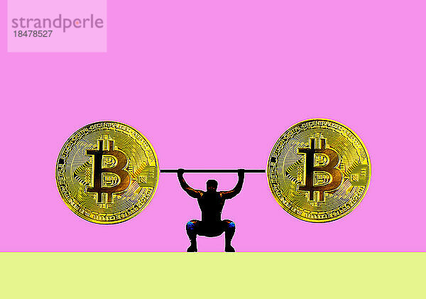 Illustration eines Mannes beim Powerlifting mit einer Langhantel mit Bitcoins