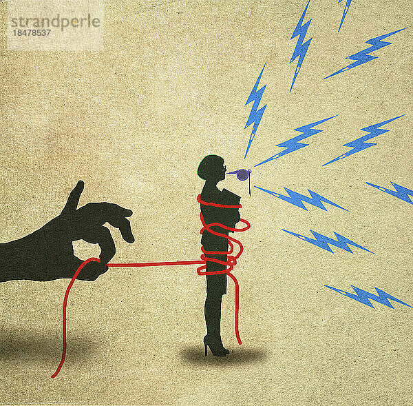 Illustration einer Hand  die ein Seil hält und eine Whistleblowerin einschränkt