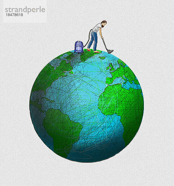 Illustration einer Frau  die den Planeten Erde saugt