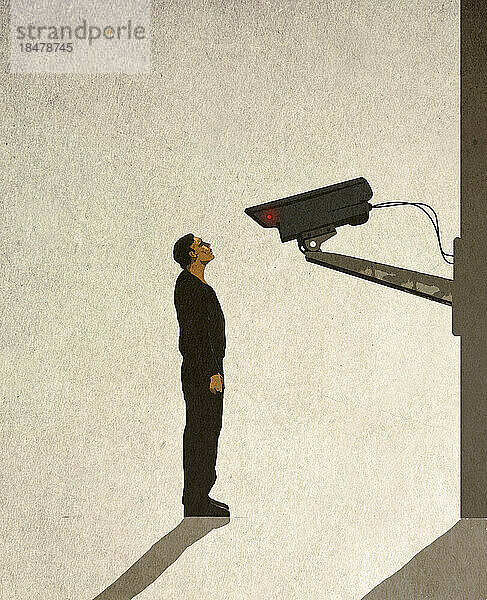 Illustration eines Mannes  der vor einer Überwachungskamera steht