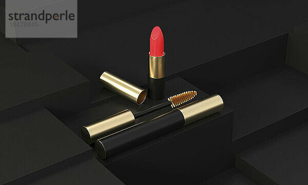 Three dimensional render of red lipstick and mascara