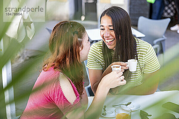 Glückliches lesbisches Paar hält Kaffeetassen im Café