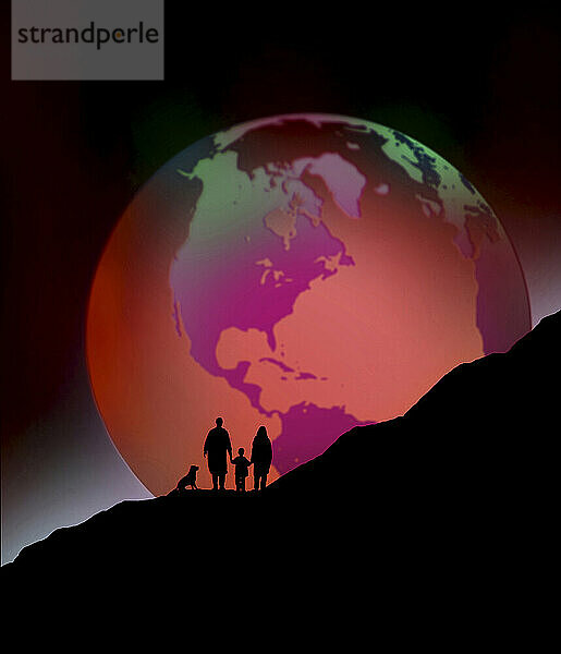 Illustration of family looking at planet Earth covered in red heat