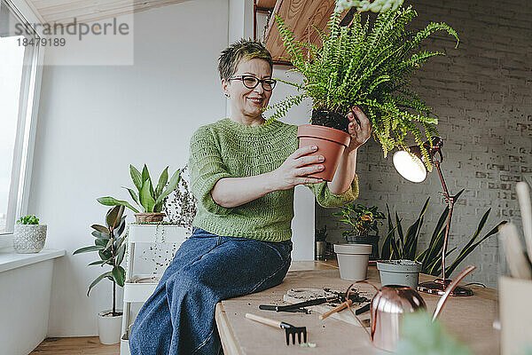 Lächelnde reife Frau  die zu Hause pflanzt