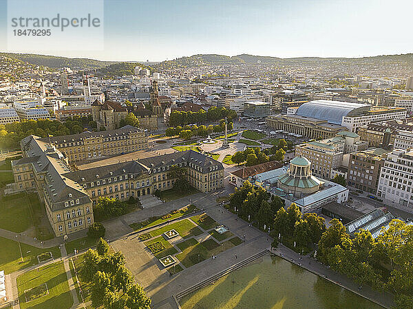 Drone view of New Palace with Eckensee Lake and old castle in city  Stuttgart  Germany