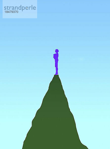 Illustration of businesswoman standing alone on mountaintop