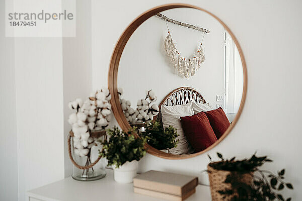 Mirror on wall with decoration in bedroom at home