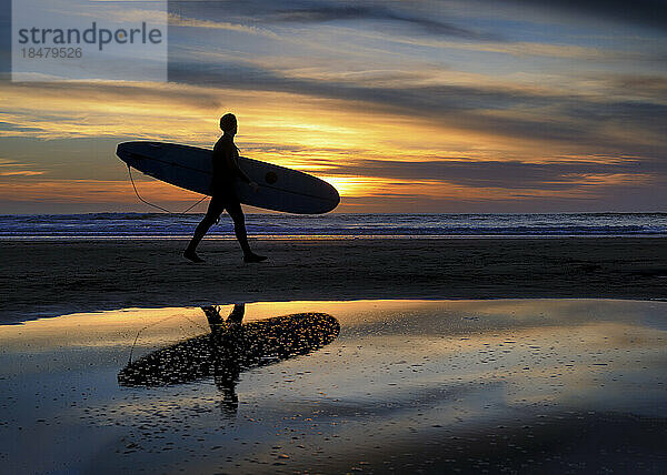 Silhouette of surfer walking on shore at beach