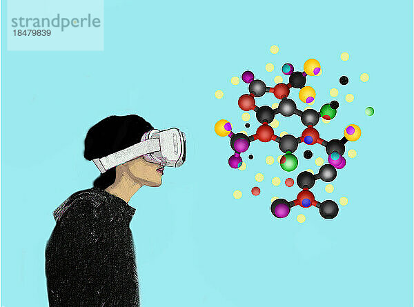Illustration of woman wearing VR goggles looking at molecular structure