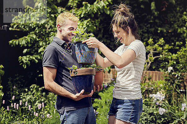 Glückliche Frau hilft ihrem Freund beim Tragen von Topfpflanzen im Hinterhof