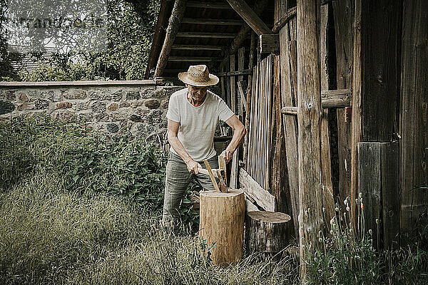 Mann hackt Brennholz mit Axt