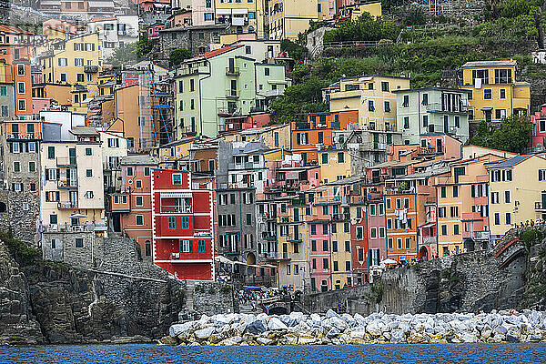 Italien  Ligurien  Riomaggiore  historische Häuser eines Küstendorfes entlang der Cinque Terre