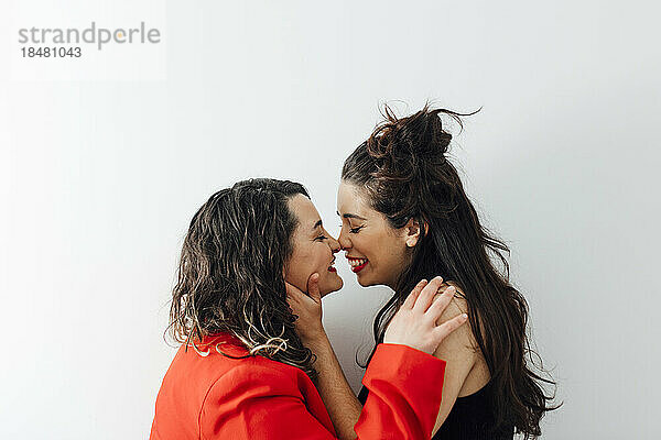 Glückliches lesbisches Paar reibt sich die Nasen über der weißen Wand