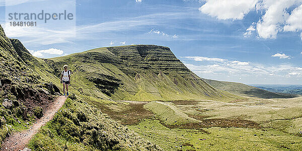 Woman hiking on trail at Fan Brycheiniog on sunny day  Brecon Beacons  Wales