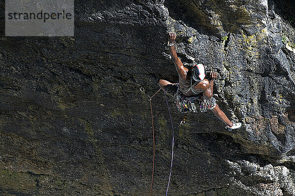 Mann klettert Felsen am Huntsman's Leap  St. Govan  Pembrokeshire  Wales
