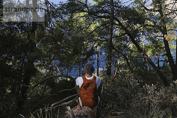 Wanderer sitzt mit Rucksack auf Baumstamm im Wald und blickt aufs Meer