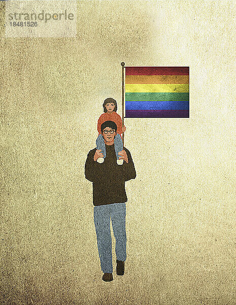 Illustration of father piggybacking daughter holding rainbow flag